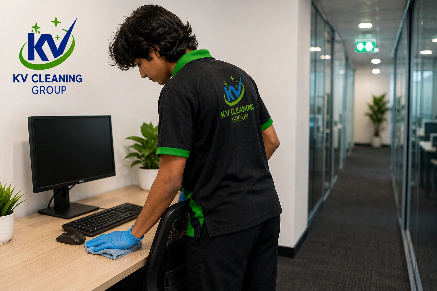 KV Cleaning Group cleaner working in a commercial workplace in Sydney