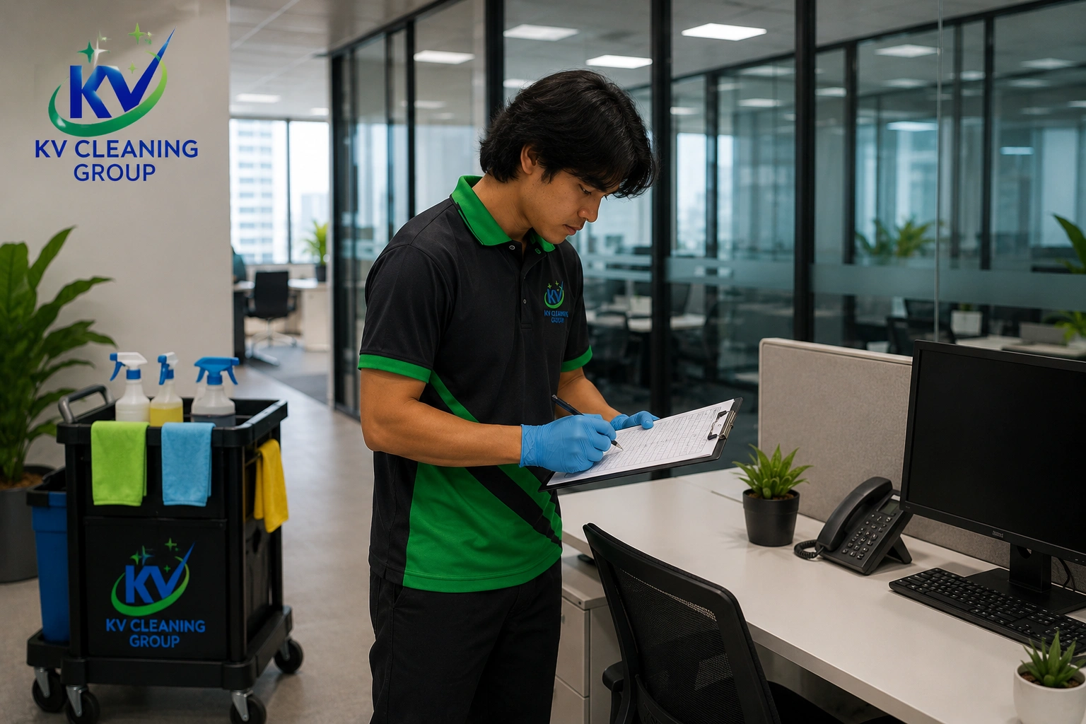 KV Cleaning Group team member reviewing a cleaning checklist in a Sydney commercial workplace