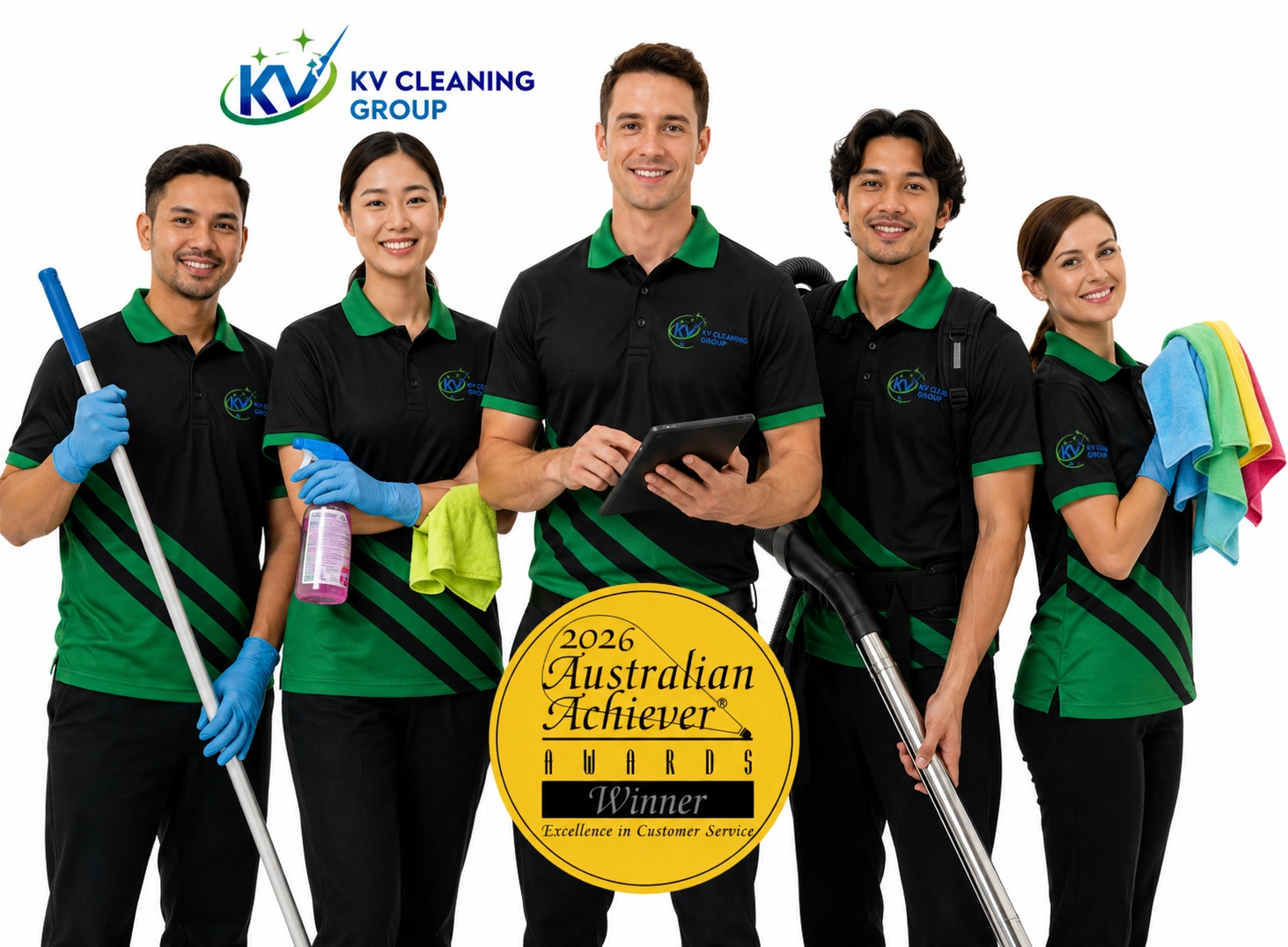 KV Cleaning Group team in branded uniforms with Australian Achiever Award