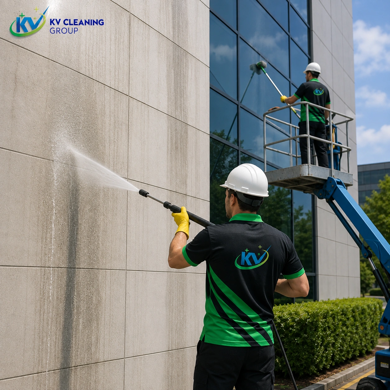 KV Cleaning Group professionals carrying out facade cleaning on a commercial building in Sydney
