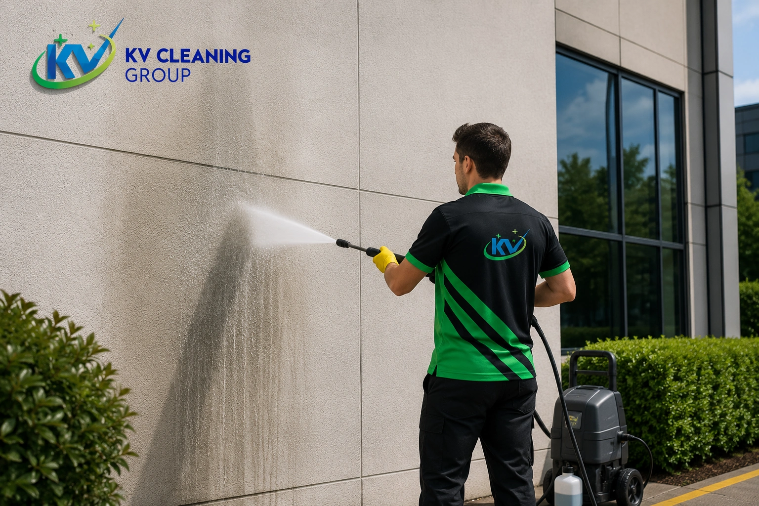 Professional cleaner pressure washing a rendered commercial building facade in Sydney
