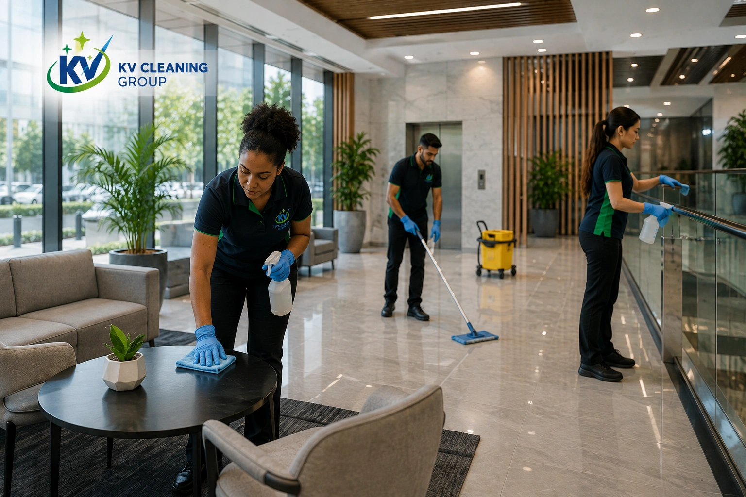 KV Cleaning Group team cleaning a modern commercial lobby in Sydney