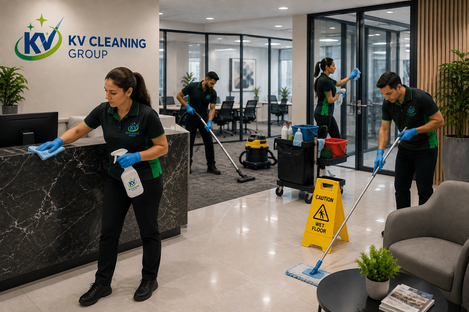 KV Cleaning Group team providing professional commercial cleaning in a Sydney business lobby