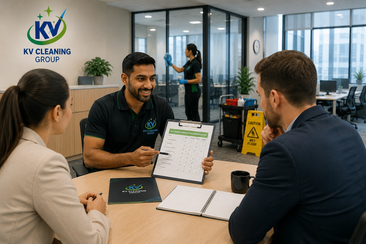 KV Cleaning Group consultant discussing a customised commercial cleaning schedule with Sydney business clients