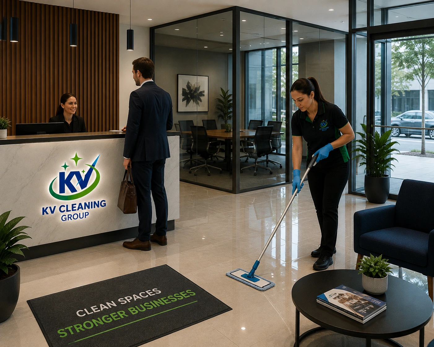 KV Cleaning Group professional cleaning a commercial reception area in Sydney
