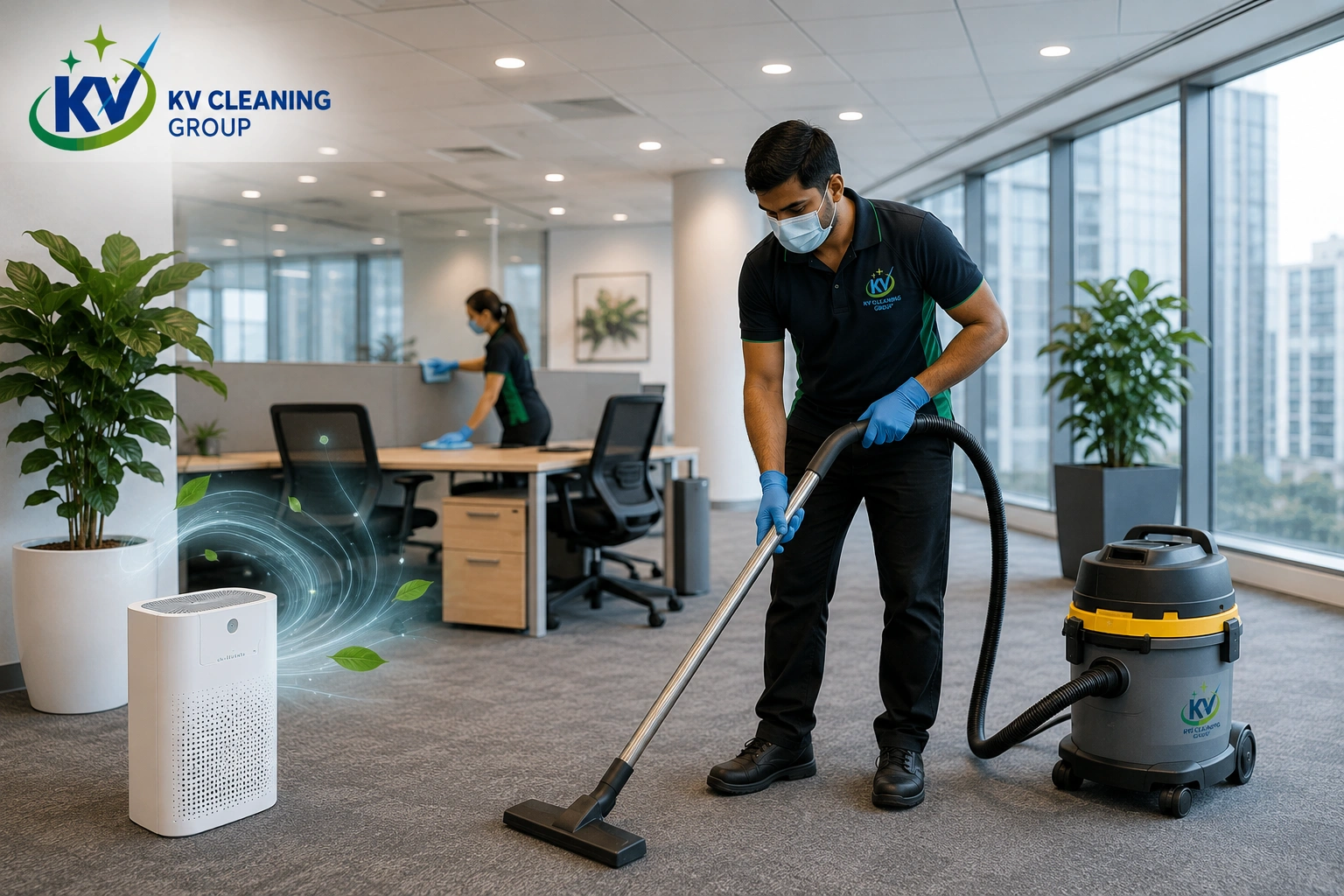Professional commercial cleaning team maintaining indoor air quality in a Sydney office