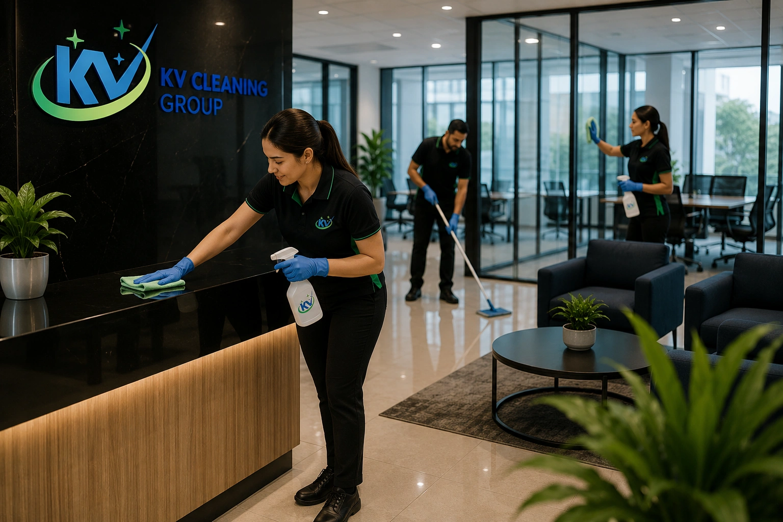 KV Cleaning Group team professionally cleaning a corporate reception area in Sydney