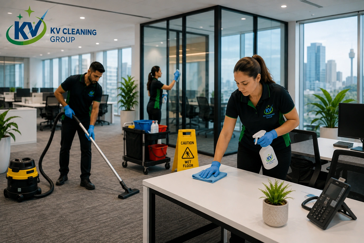 KV Cleaning Group team providing commercial cleaning services in a Sydney office