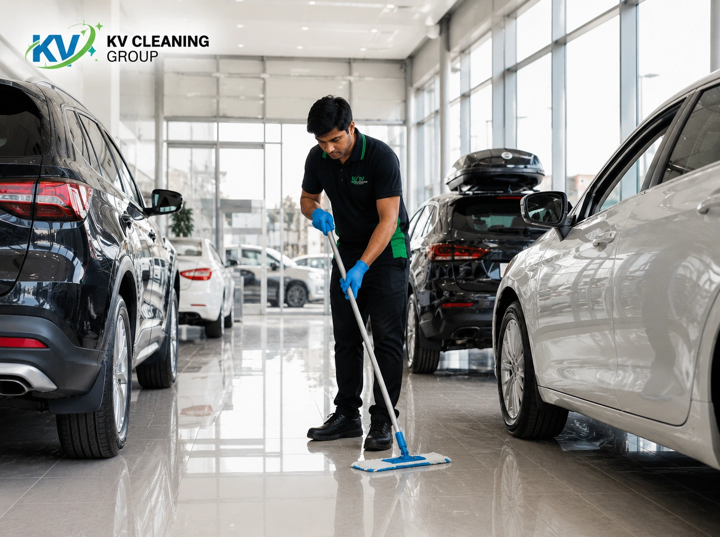 Car showroom cleaning around vehicle displays in Sydney